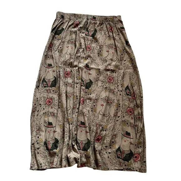 Anthropologie Pepaloves Linen Blend Tan Floral Bird Midi Skirt Size Medium - Picture 5 of 9